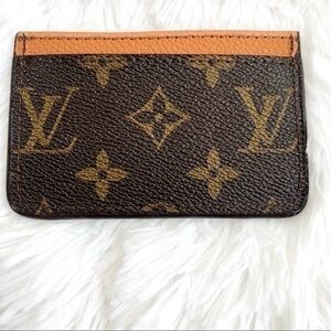NEW L V Monogram Canvas Card Holder/Tan Leather